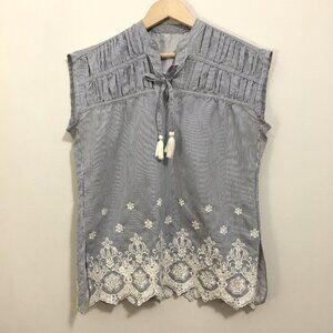 Handmade Pinstripe Sleeveless Tie Up Tassel Lace Hem Boho Top M